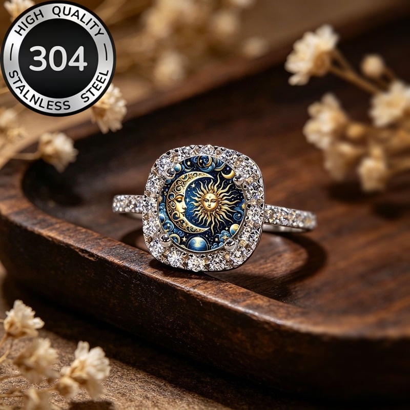 Sun Stars Pattern Square Wide Band Stainless Steel Ring